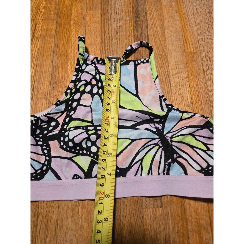 Justice Girls Small 7/8 Purple Green Pink Butterfly Print High Neck Sports Bra - Picture 6 of 8